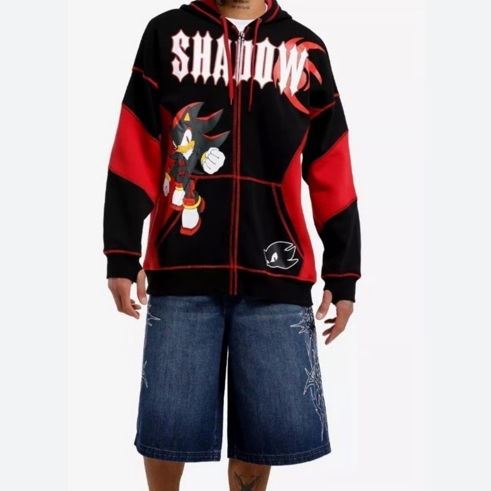 Hot Topic Sonic Shadow The Hedgehog Color-Block Zip Hoodie Black Red Small